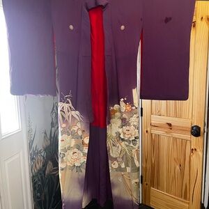 Vintage Purple Floral Furisode-Style Kimono with Red Lining